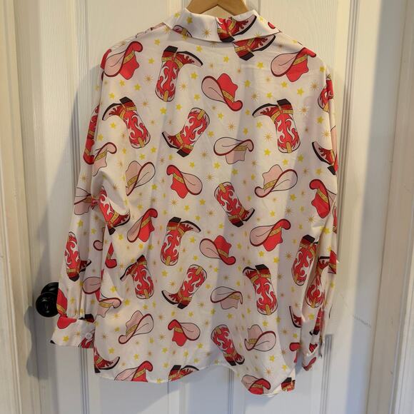 Vintage Nylon Apparel Shirt Womens Medium White/Pink Western Boot Button Up 90s - Picture 3 of 8